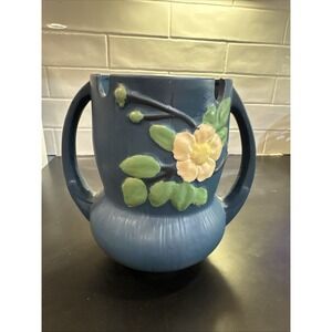 Vintage Roseville Floral ‎ 935-9 BLUE Double Handle NOTCHED RIM
